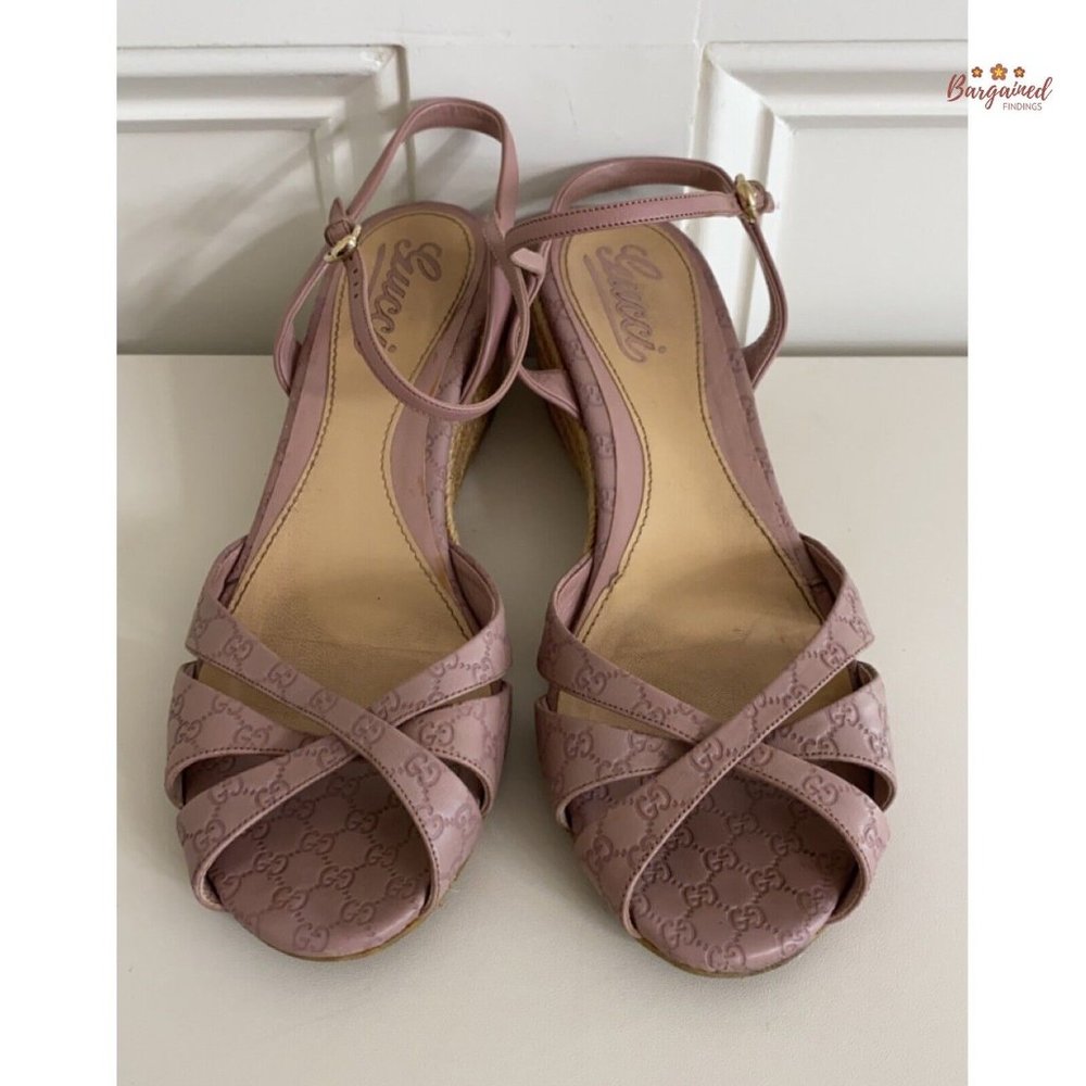 Authentic GUCCI Pink Micro-Guccissima Leather Wedge Espadrille Sandals 38.5/8.5 - Picture 4 of 14
